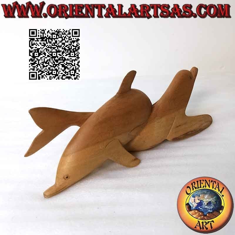 Sculpture of a pair of dolphins intertwined with each other in 20 cm hibiscus wood