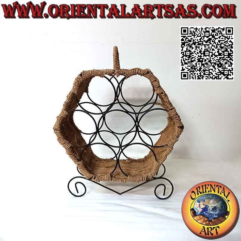 Hexagonal bottle rack for display with 7 compartments, iron structure and wicker decoration