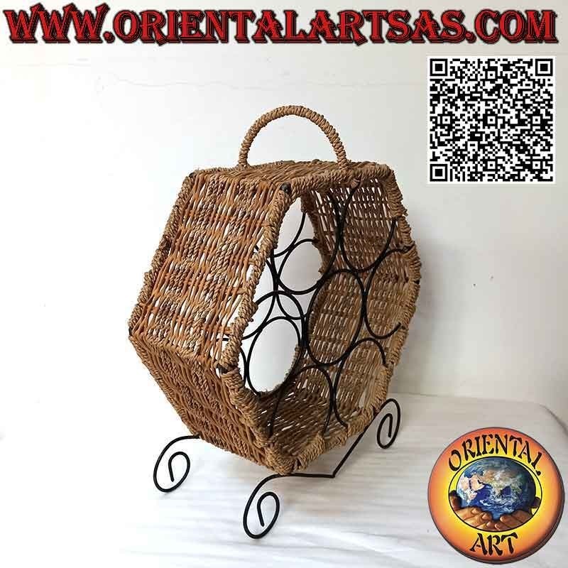 Hexagonal bottle rack for display with 7 compartments, iron structure and wicker decoration
