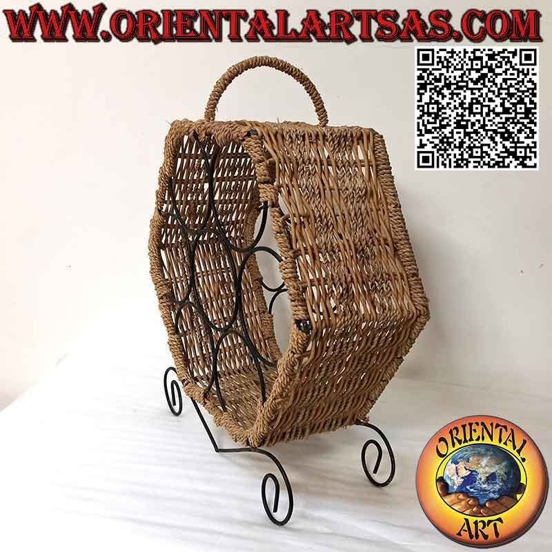 Hexagonal bottle rack for display with 7 compartments, iron structure and wicker decoration