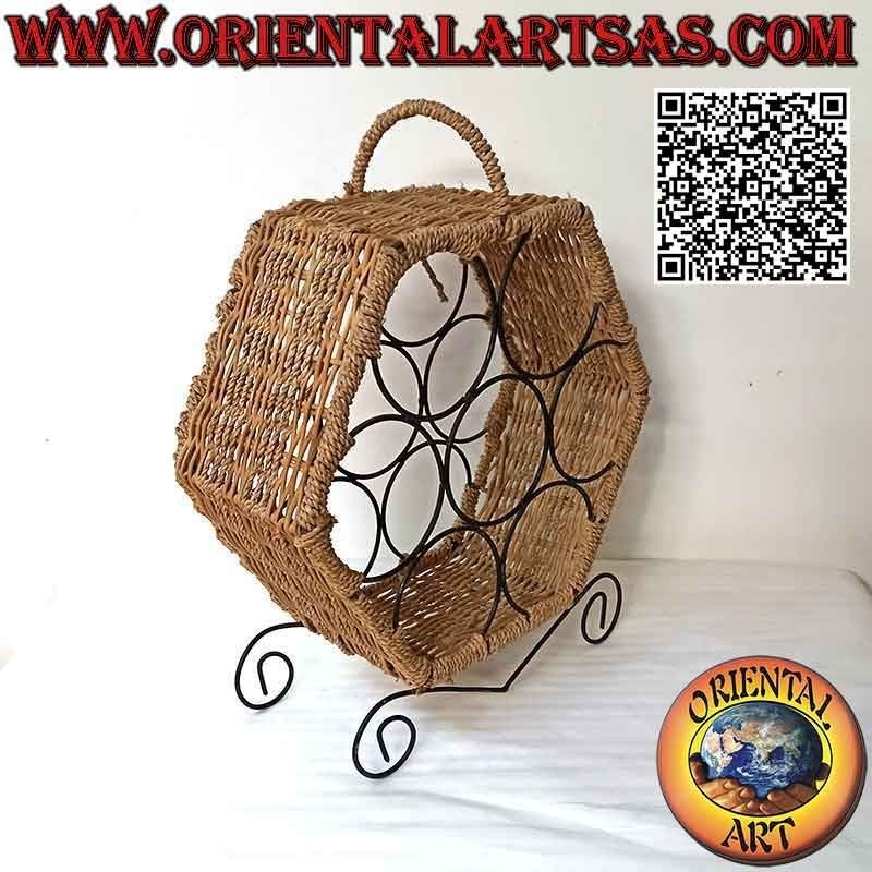Botellero hexagonal para expositor con 7 compartimentos, estructura de hierro y decoración de mimbre
