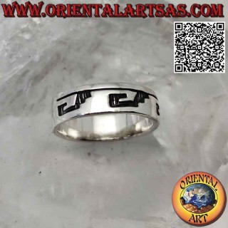 Smooth band silver ring with deeply engraved Aztec hieroglyphs