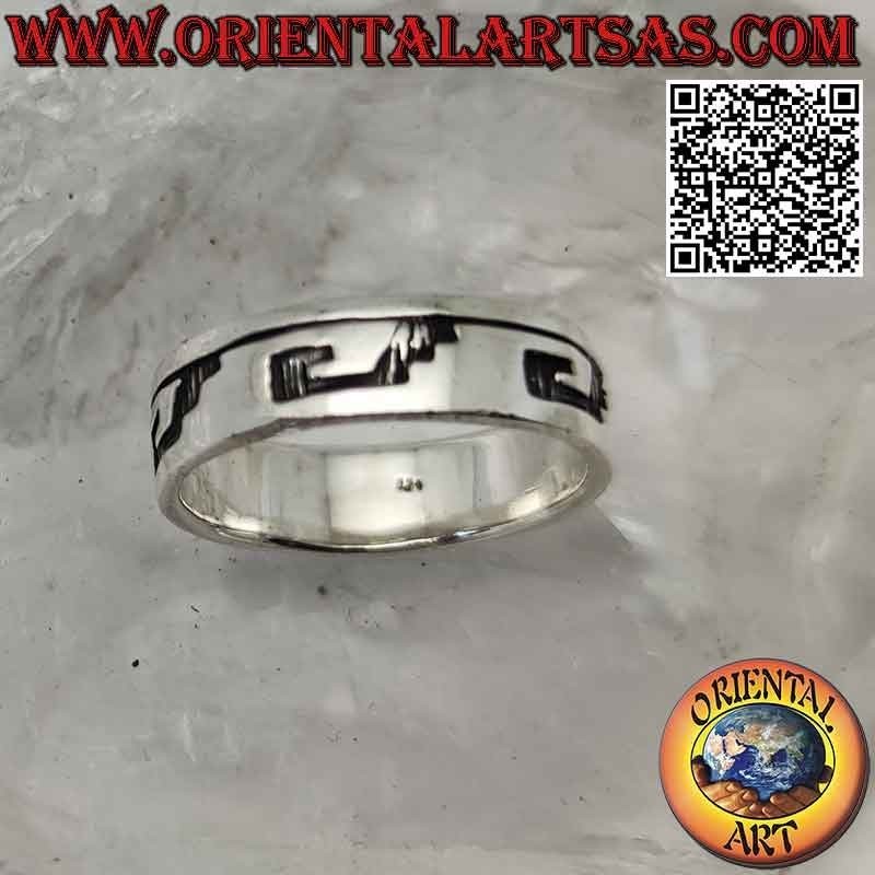 Smooth band silver ring with deeply engraved Aztec hieroglyphs