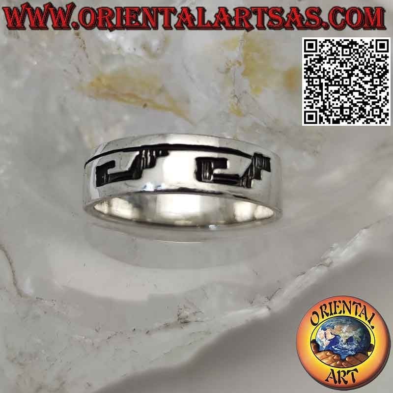 Smooth band silver ring with deeply engraved Aztec hieroglyphs