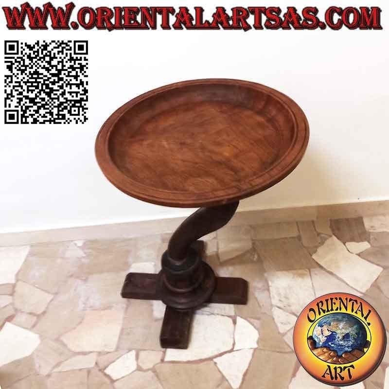 Mesita redonda con tapa descentralizada sobre eje curvo en madera de teca antigua