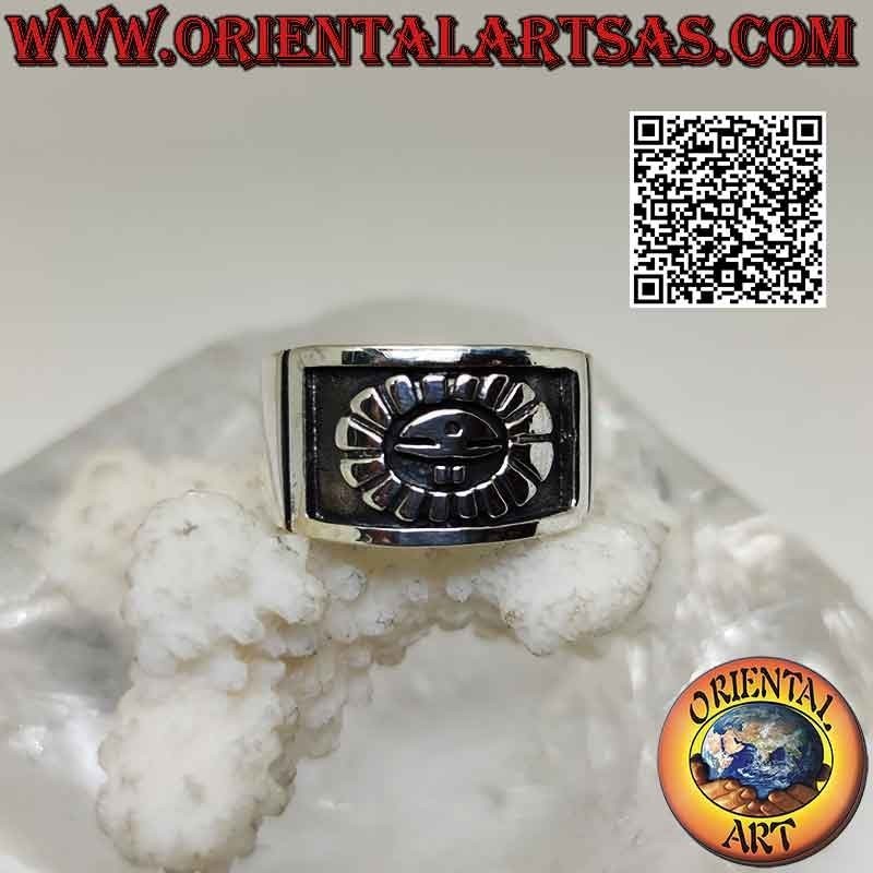 Wide band silver ring growing with Aztec mystical sun in bas-relief