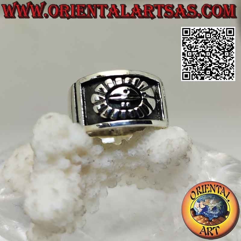 Wide band silver ring growing with Aztec mystical sun in bas-relief