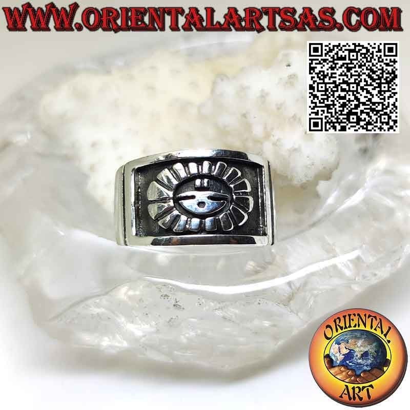 Wide band silver ring growing with Aztec mystical sun in bas-relief