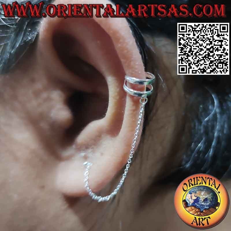 Orecchino in argento "ear cuff" con catenella e puntino da lobo, coppia di anelli