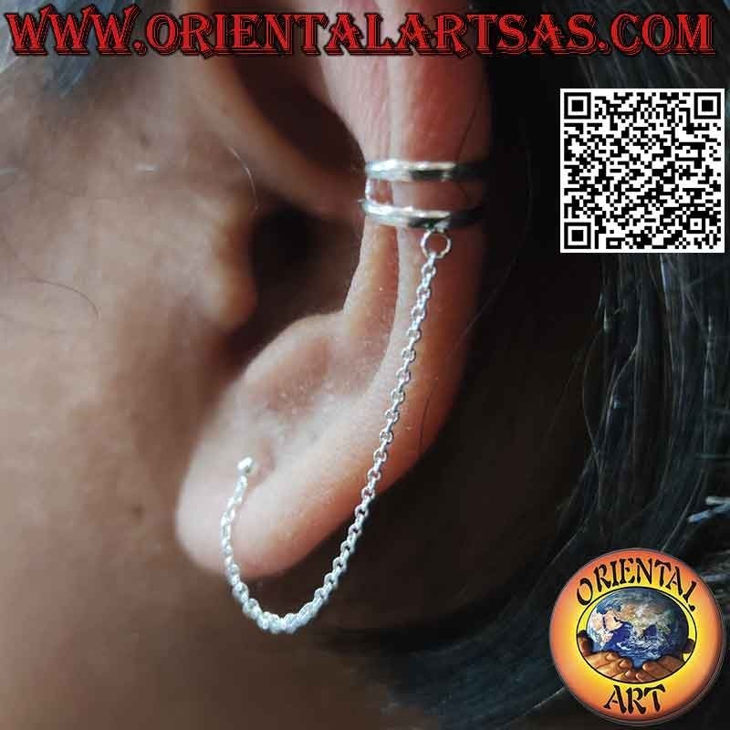Silver ear cuff with chain and lobe dot, pair of rings