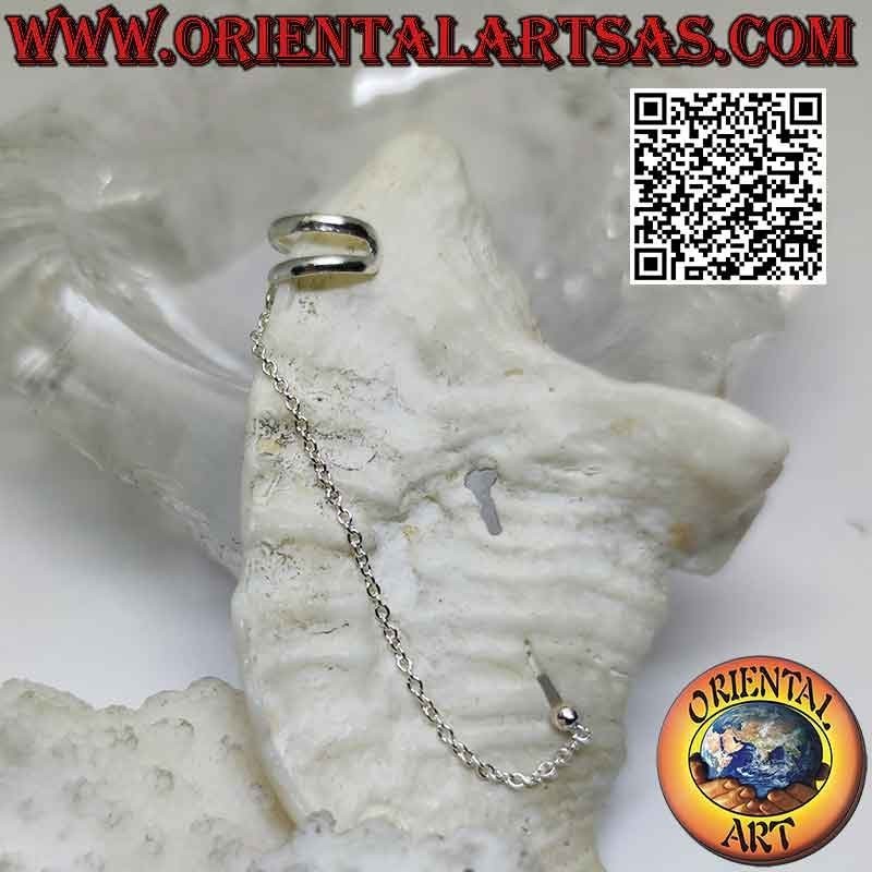 Orecchino in argento "ear cuff" con catenella e puntino da lobo, coppia di anelli
