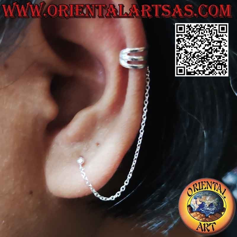 Ear cuff de plata con cadena y punto lóbulo, trío de anillos