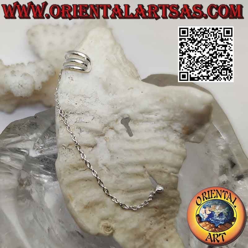 Ear cuff de plata con cadena y punto lóbulo, trío de anillos