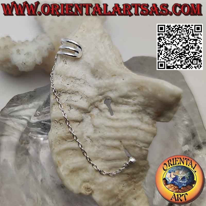 Orecchino in argento "ear cuff" con catenella e puntino da lobo, tris di anelli