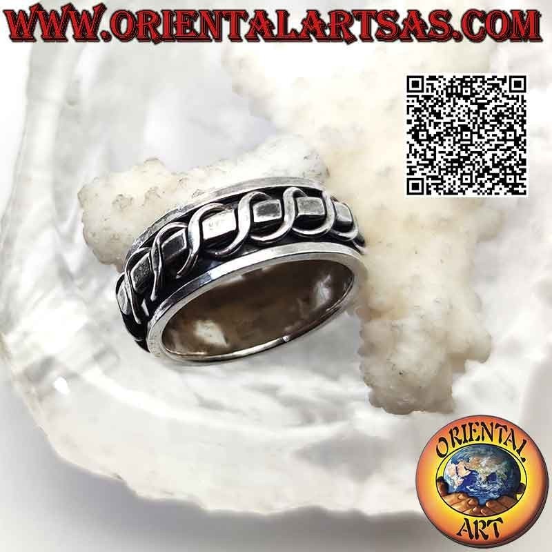 Silver ring with antistress band, thick smooth line between double alternating wave (sine and cosine)