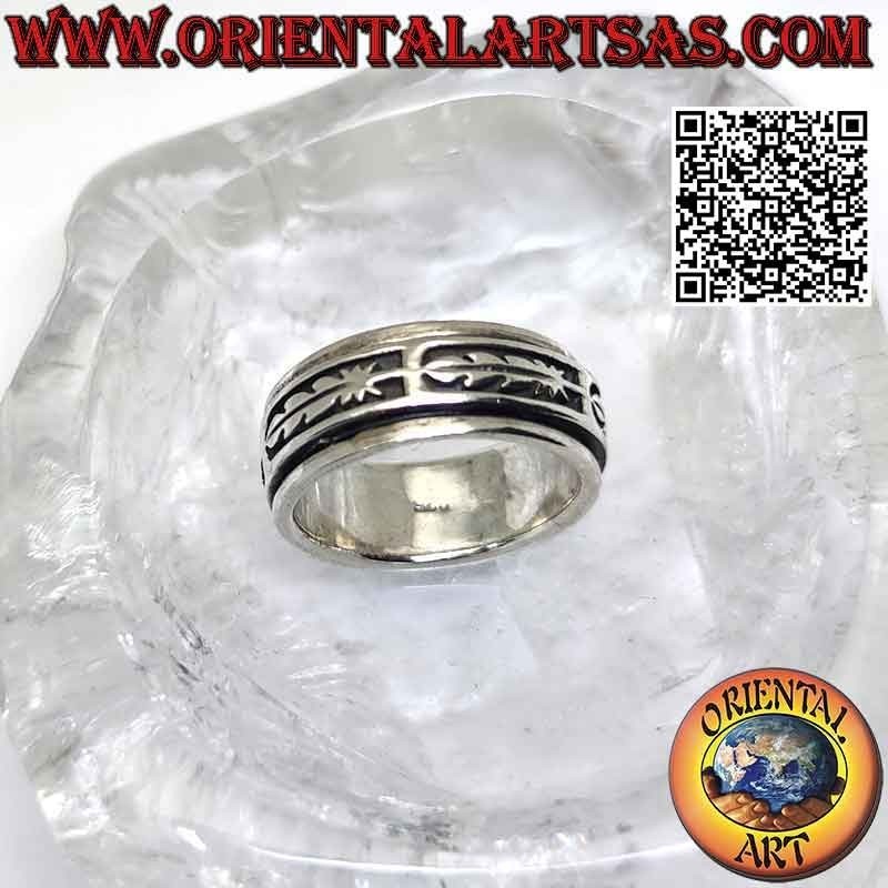 Silberring mit Antistress-Band, horizontale Basrelief-Federn
