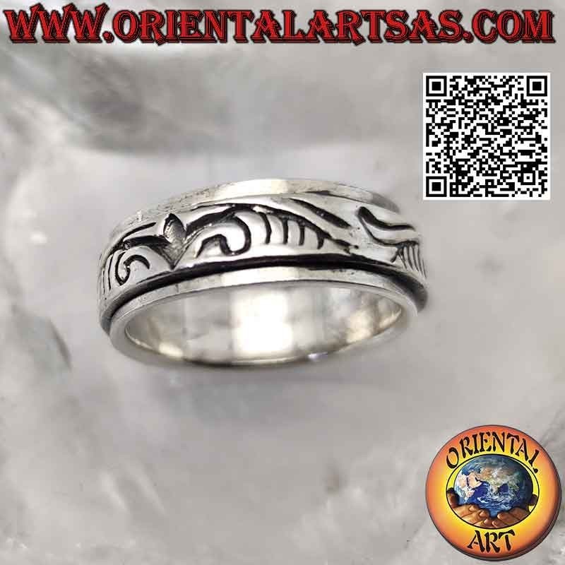 Bague anti-stress en argent 925‰, dessin baroque curviligne gravé