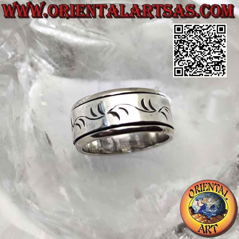 Bague en argent avec bande anti-stress, oreilles et feuilles florales gravées