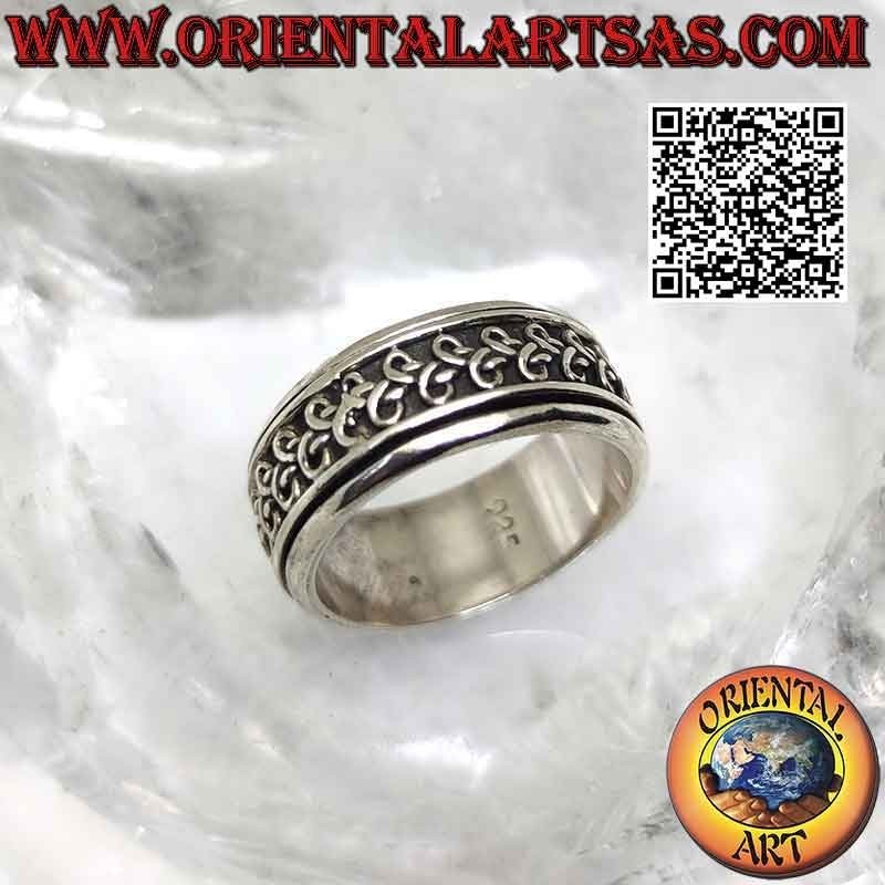 Bague en argent avec bande anti-stress, ligne entrelacée avec boucles alternées en bas-relief