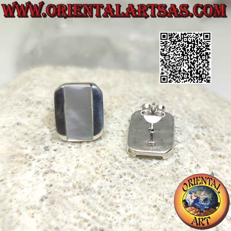 Silver lobe earrings with rectangular mother-of-pearl flush and smooth beveled edge on two sides