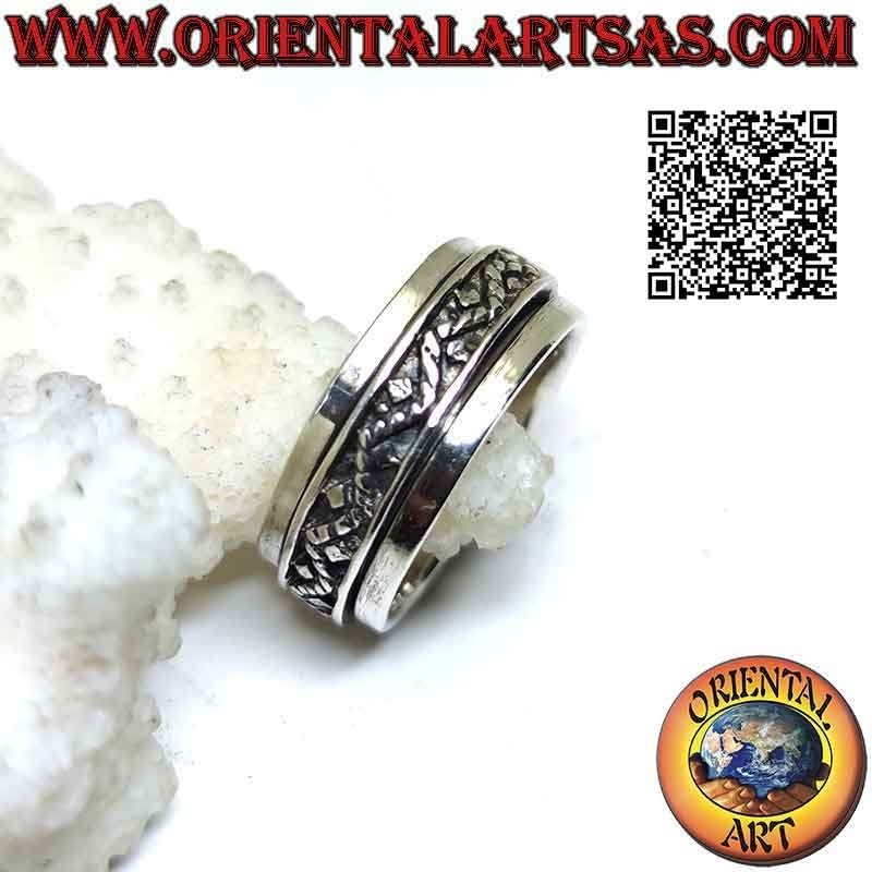 Bague en argent avec bande anti-stress, ligne torsadée en mouvement sinueux et boules alternées