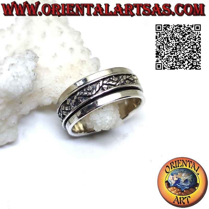 Anello in argento a fascia antistress, linea intrecciata in movimento sinuoso e palline alternate
