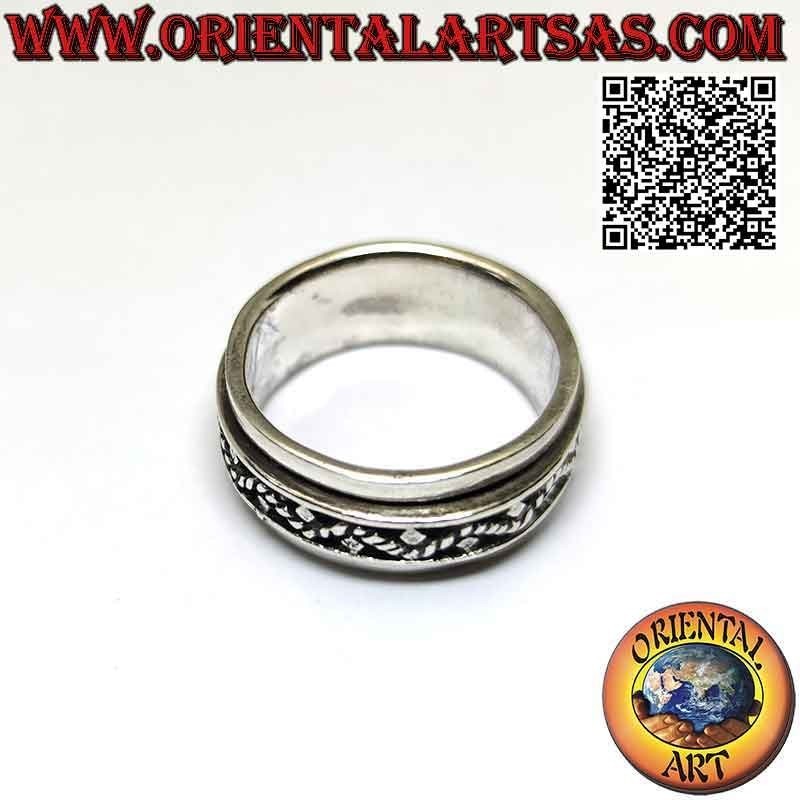 Anello in argento a fascia antistress, linea intrecciata in movimento sinuoso e palline alternate