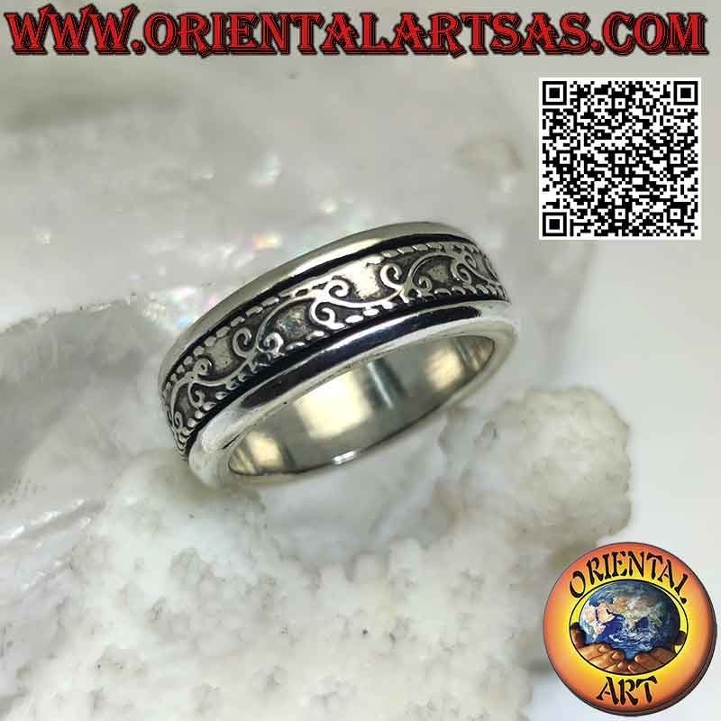 Bague en argent avec bande anti-stress, brindille de lierre en mouvement sinueux en bas-relief