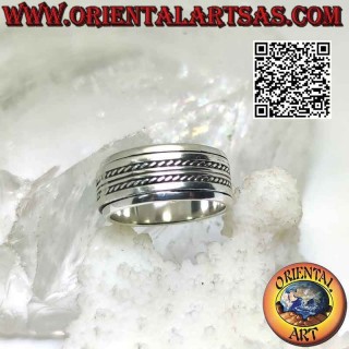 Anello in argento a fascia antistress, doppia linea liscia tra intrecci