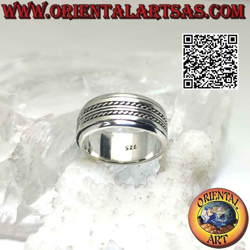 Silver ring with antistress band, double smooth line between intertwining