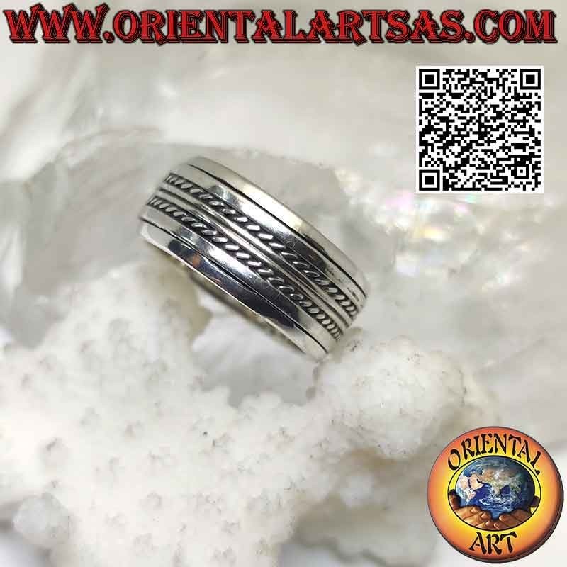 Anillo de plata con banda antiestrés, doble línea lisa entre entrelazados