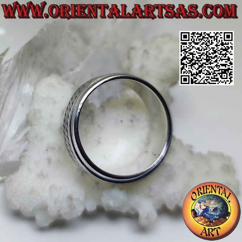 Bague en argent avec bande anti-stress, double ligne lisse entre entrelacs