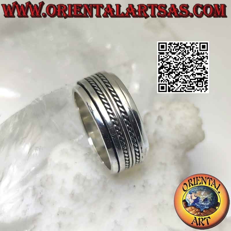 Anillo de plata con banda antiestrés, doble línea lisa entre entrelazados