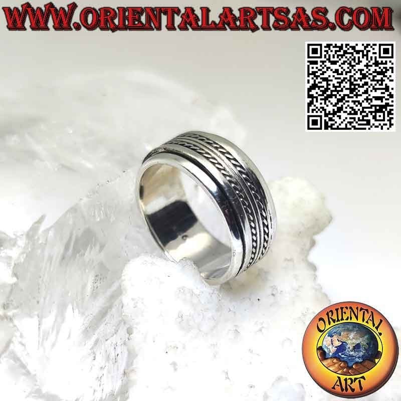 Bague en argent avec bande anti-stress, double ligne lisse entre entrelacs