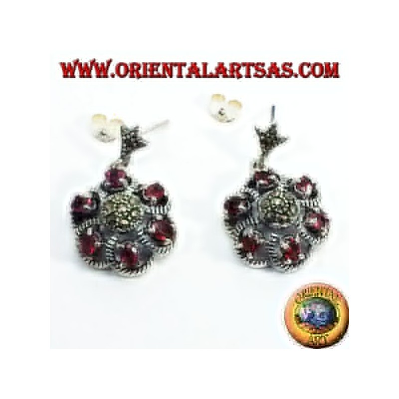 Boucles d'oreilles argent avec grenat et marcassite