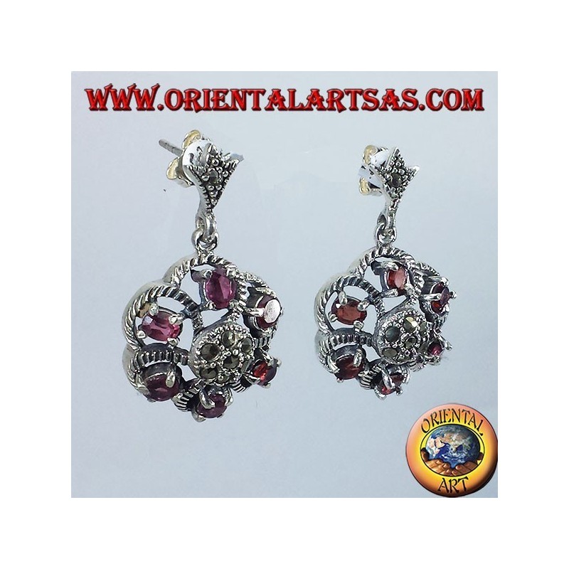 Boucles d'oreilles argent avec grenat et marcassite