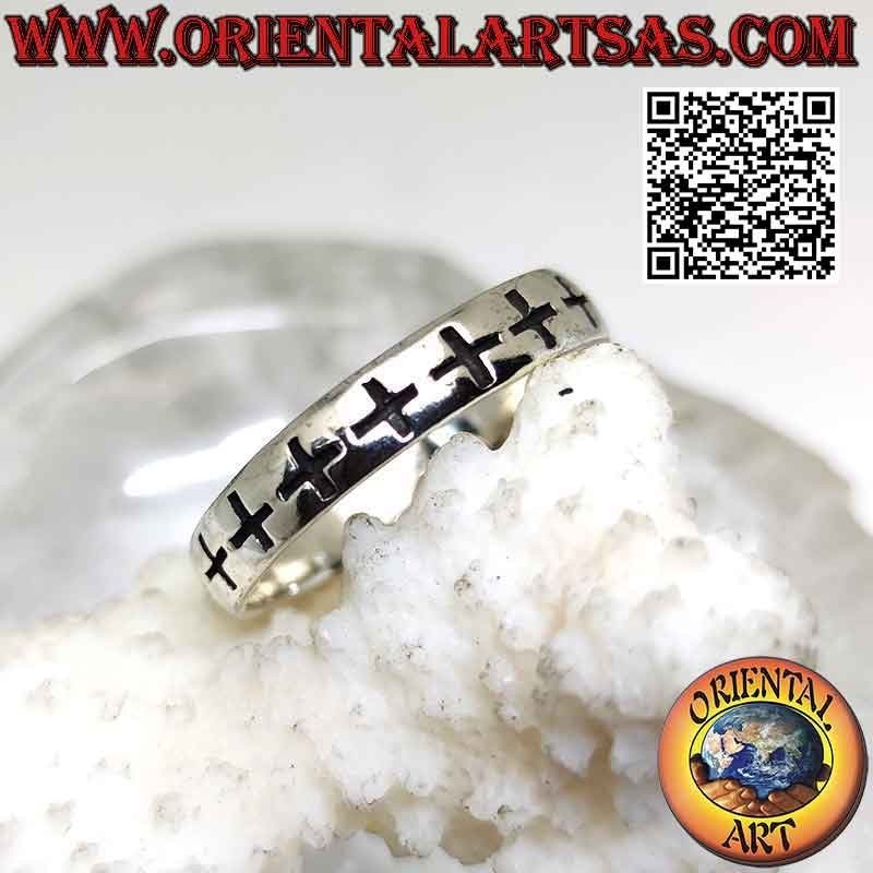 Smooth band silver ring with a series of engraved Greek crosses