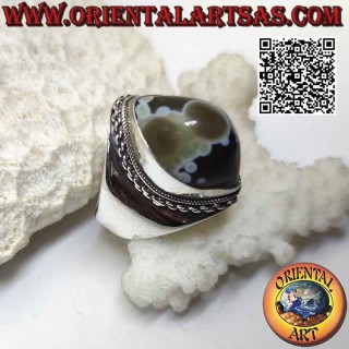 Silver ring with Shiva's eye (third eye) shuttle agate and chain edge on smooth setting (h)