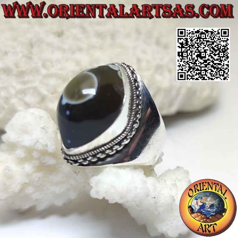 Silver ring with Shiva's eye (third eye) shuttle agate and chain edge on smooth setting (h)