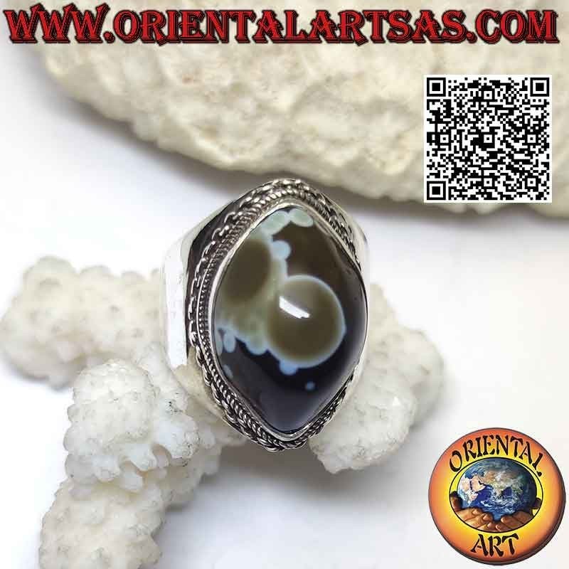 Silberring mit Shiva-Auge (drittes Auge), Schiffchenachat und Kettenrand an glatter Fassung (h)