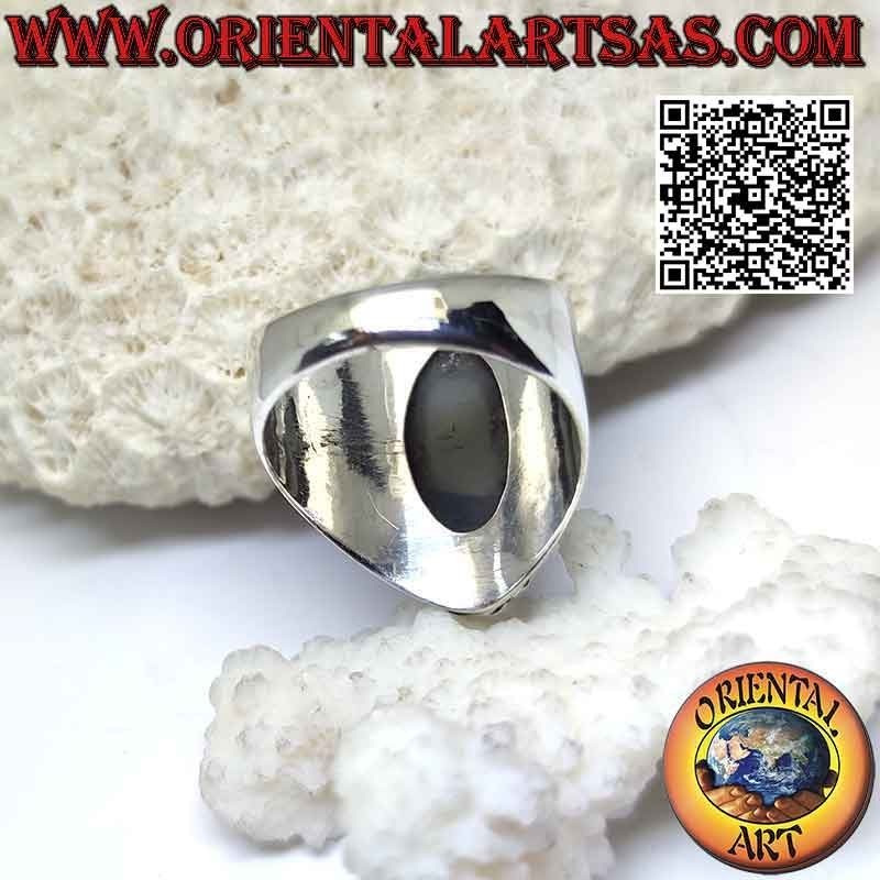 Bague en argent avec agate navette œil de Shiva (troisième œil) et bord de chaîne sur sertissage lisse (h)