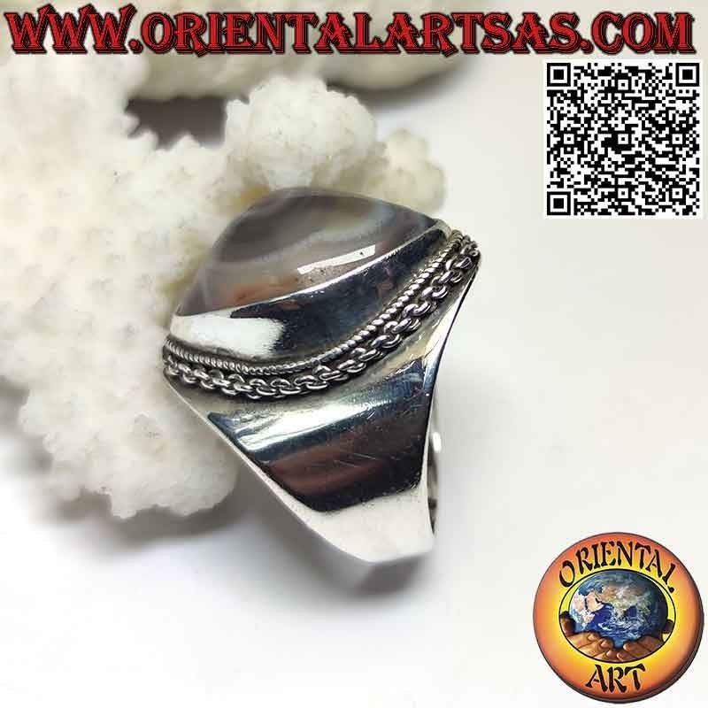 Silver ring with Shiva's eye (third eye) shuttle agate and chain edge on smooth setting (s)
