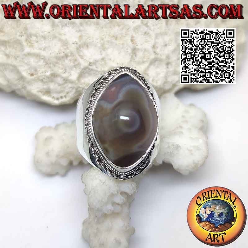 Anillo de plata con ojo de Shiva (tercer ojo) lanzadera de ágata y borde de cadena en engaste suave (s)