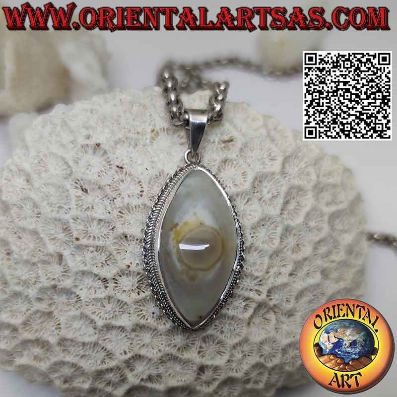 Silver pendant with Shiva's eye (third eye) shuttle agate and chain edge on smooth setting (s)