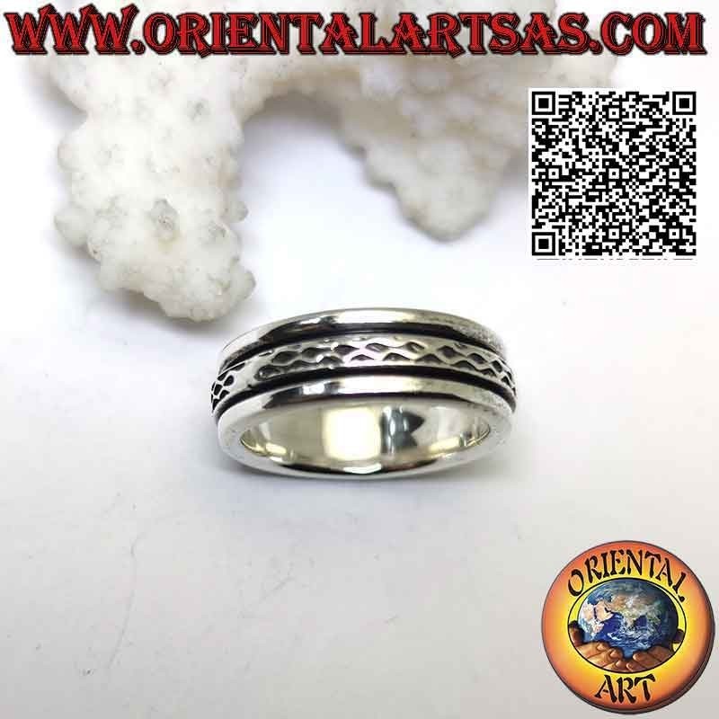 Silver ring with antistress band, double wavy line placed asymmetrically in bas-relief