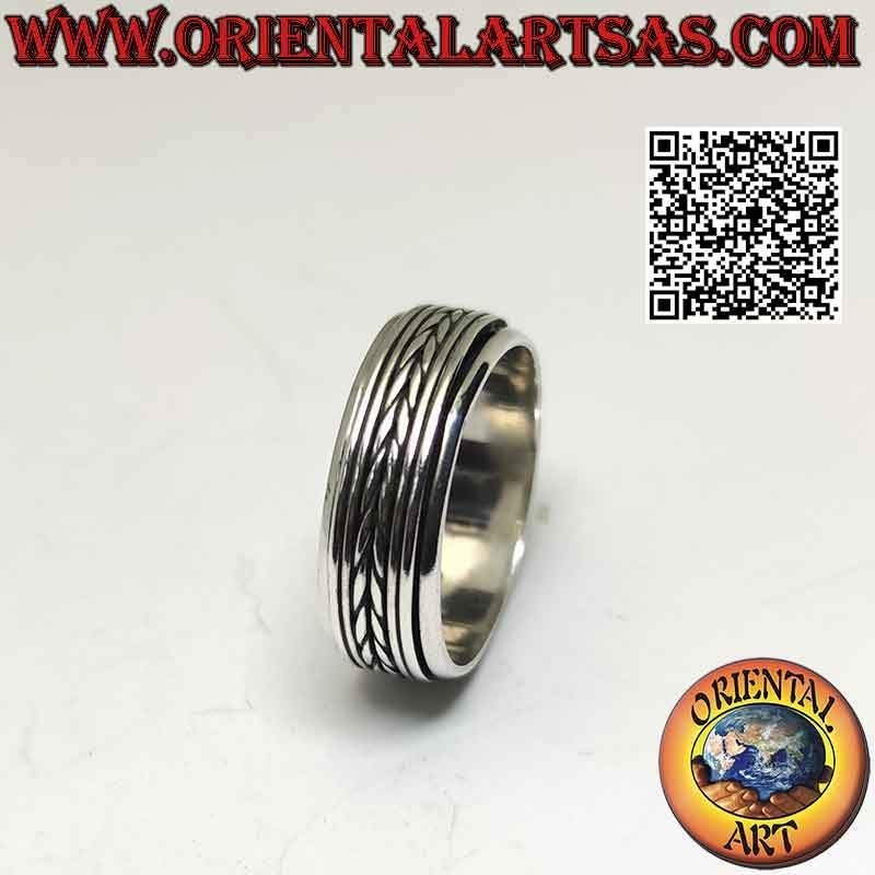 Anello in argento a fascia antistress, intreccio simmetrico tra doppia linea