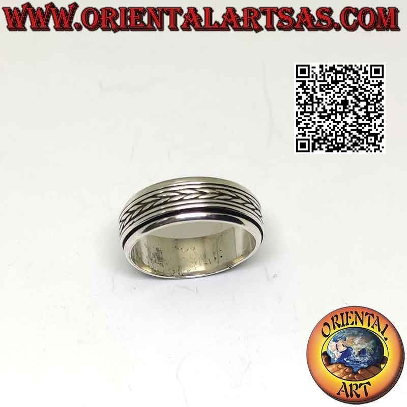 Silberring mit Antistressband, symmetrische Verflechtung von Doppellinien