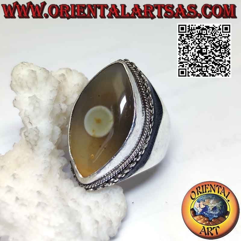 Anillo de plata con ojo de Shiva (tercer ojo) lanzadera de ágata y borde de cadena en engaste liso (j)