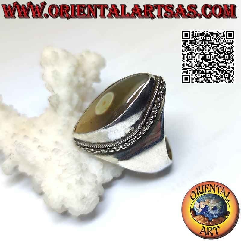 Anillo de plata con ojo de Shiva (tercer ojo) lanzadera de ágata y borde de cadena en engaste liso (j)