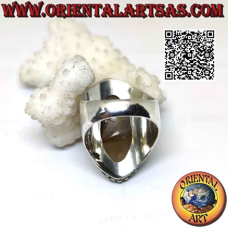 Silver ring with Shiva's eye (third eye) shuttle agate and chain edge on smooth setting (j)